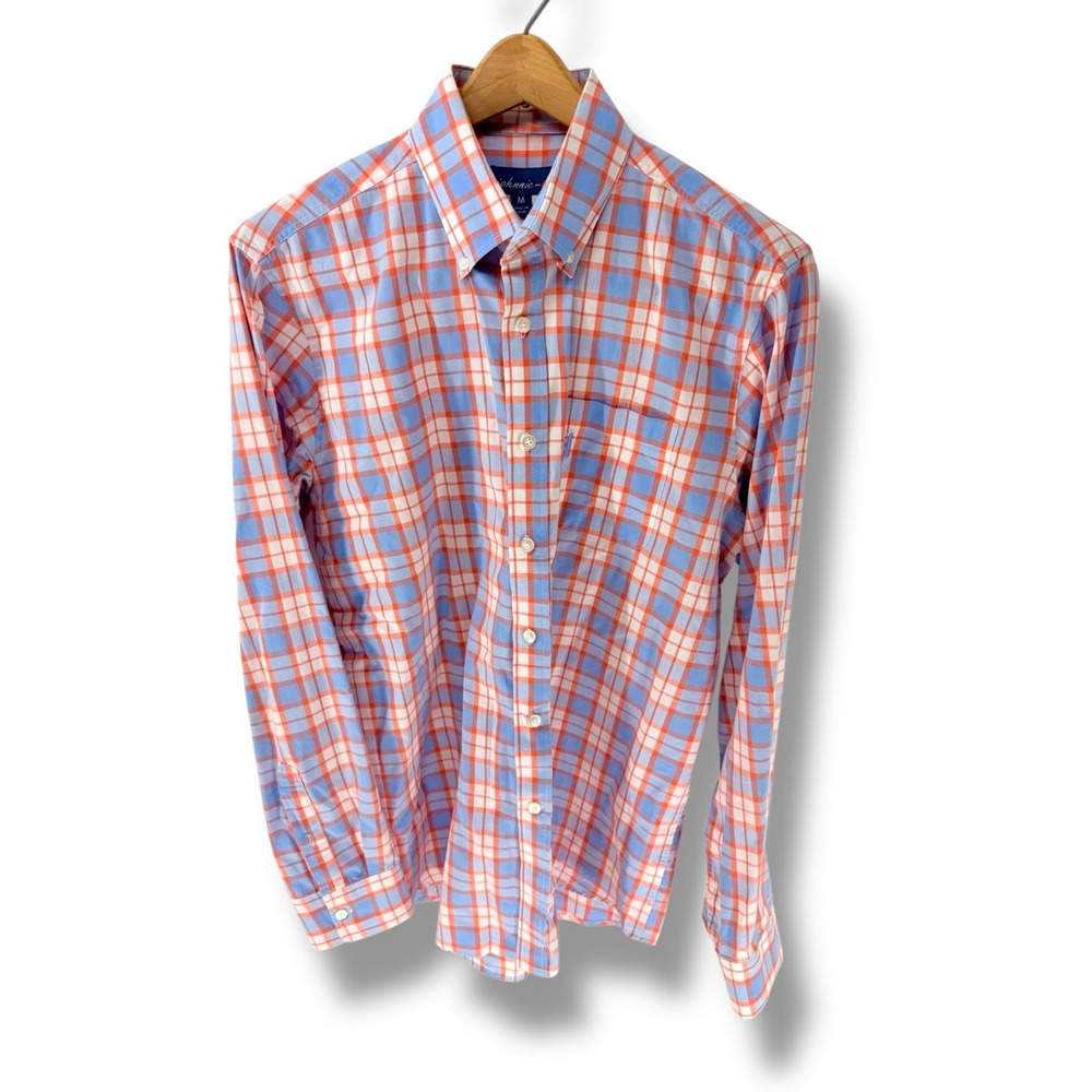 Johnnie-O Men's Button Down Shirt M Plaid Orange Blue Cotton Preppy Coastal